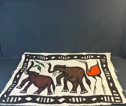 Batik africain mural aux éléphants et héron rouge - 