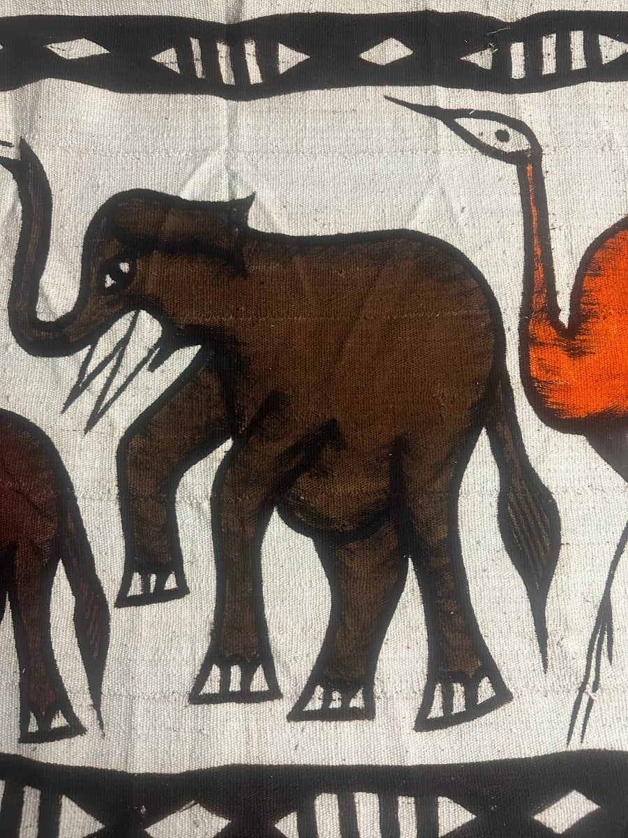 Batik africain mural aux éléphants et héron rouge - 